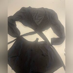 Black Two Piece Side Cutout Long Sleeve Mini Wrap Dress